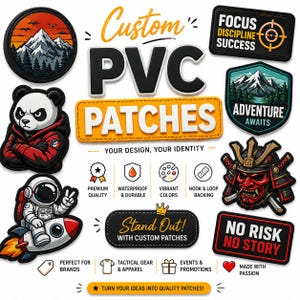Pode incluir: Uma coleção de patches de PVC personalizados em várias formas e designs. Os patches apresentam textos como "Custom PVC Patches", "Focus Discipline Success" e "Adventure Awaits". Outros patches incluem um panda, um astronauta e um samurai.