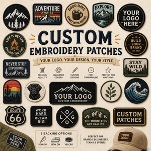 Puede incluir: Una colección de parches de bordado personalizados con varios diseños, incluyendo paisajes de montaña y textos como "Adventure Awaits". Los parches ofrecen opciones para coser, planchar y velcro. El texto "Custom Embroidery Patches" también está presente.