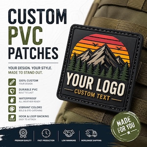 May include: A square black PVC patch featuring a raised graphic of a mountain range, a forest of green pine trees, and a sunset sky with orange and red stripes. The text YOUR LOGO and CUSTOM TEXT appear in white. The patch is attached to olive fabric.