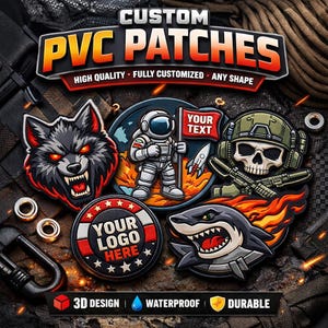 Puede incluir: Una colección de parches de PVC personalizados con varios diseños, incluyendo un lobo, un astronauta, una calavera y un tiburón. Los parches son de colores vibrantes y presentan el texto "CUSTOM PVC PATCHES". El texto adicional incluye "3D DESIGN", "WATERPROOF" y "DURABLE".