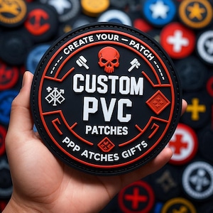 Puede incluir: Un parche de PVC personalizado negro y rojo con el texto "CREATE YOUR - PATCH" y "CUSTOM PVC PATCHES GIFTS". El parche presenta una calavera roja, martillos y otros símbolos. Otros parches son visibles en el fondo.