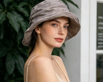 Elegant pleated linen bucket hat, soft, breathable and foldable sun hat, suitable for beach and city outings