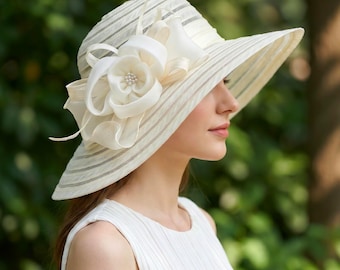 Elegant Mesh Floral Wide Brim Sun Hat, Ivory Organza Flower Tea Party Hat, Wedding Guest Church Hat, Breathable Summer Formal Hat
