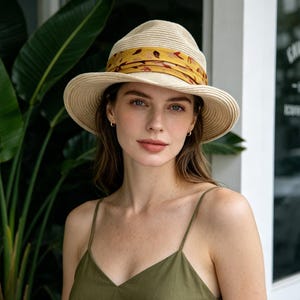 Puede incluir: Un sombrero de sol de paja beige con ala ancha y una cinta amarilla estampada. El sombrero lo lleva una persona que viste un top verde de tirantes finos. El fondo incluye exuberante follaje verde y un escaparate.