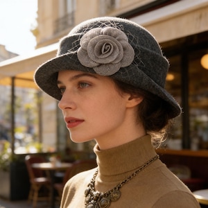 Wool Felt Hat for Women Elegant Vintage Fedora hat Spring Short-Brimmed Rose Hat Wedding Hat Church Formal Hat Pillbox Hat For Women image 3