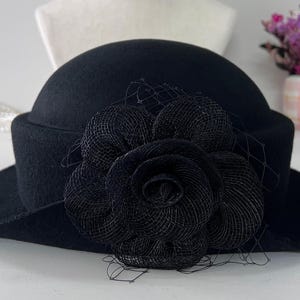 Wool Felt Hat for Women Elegant Vintage Fedora hat Spring Short-Brimmed Rose Hat Wedding Hat Church Formal Hat Vintage Cloche Hat image 13