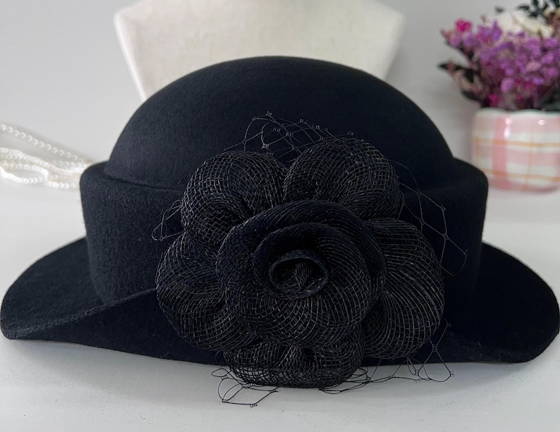 Wool Felt Hat for Women Elegant Vintage Fedora hat Spring Short-Brimmed Rose Hat Wedding Hat Church Formal Hat Vintage Cloche Hat image 13