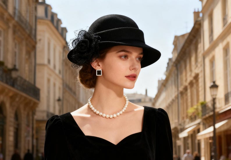 Wool Felt Hat for Women Elegant Vintage Fedora hat Spring Short-Brimmed Rose Hat Wedding Hat Church Formal Hat Vintage Cloche Hat image 3