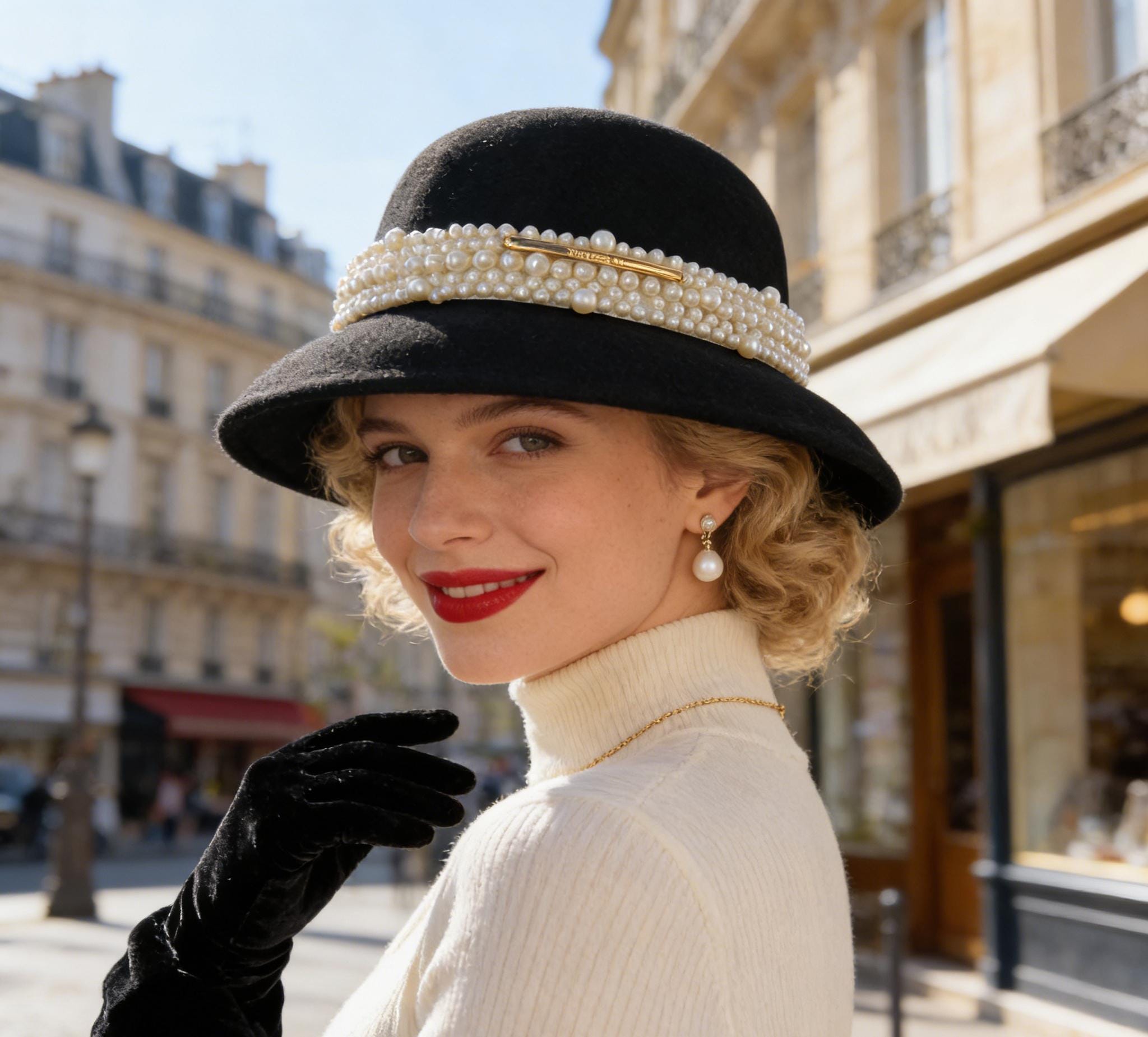 Customized Fedora Hat with Silk Band and Pearls Chain Embossed Leather Hat Band- Women main image 3