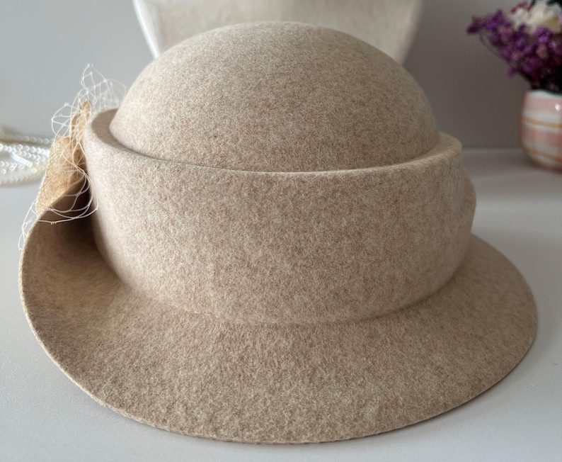Wool Felt Hat for Women Elegant Vintage Fedora hat Spring Short-Brimmed Rose Hat Wedding Hat Church Formal Hat Vintage Cloche Hat image 10