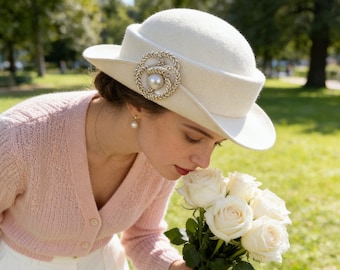 Audrey Hepburn Elegant Camellia Wool Cloche Hat Wedding Guest Hat For Women White Hat For Wedding Bridal Shower Hat Spring Church Hat
