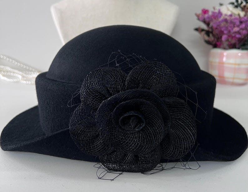 Wool Felt Hat for Women Elegant Vintage Fedora hat Spring Short-Brimmed Rose Hat Wedding Hat Church Formal Hat Pillbox Hat For Women image 5