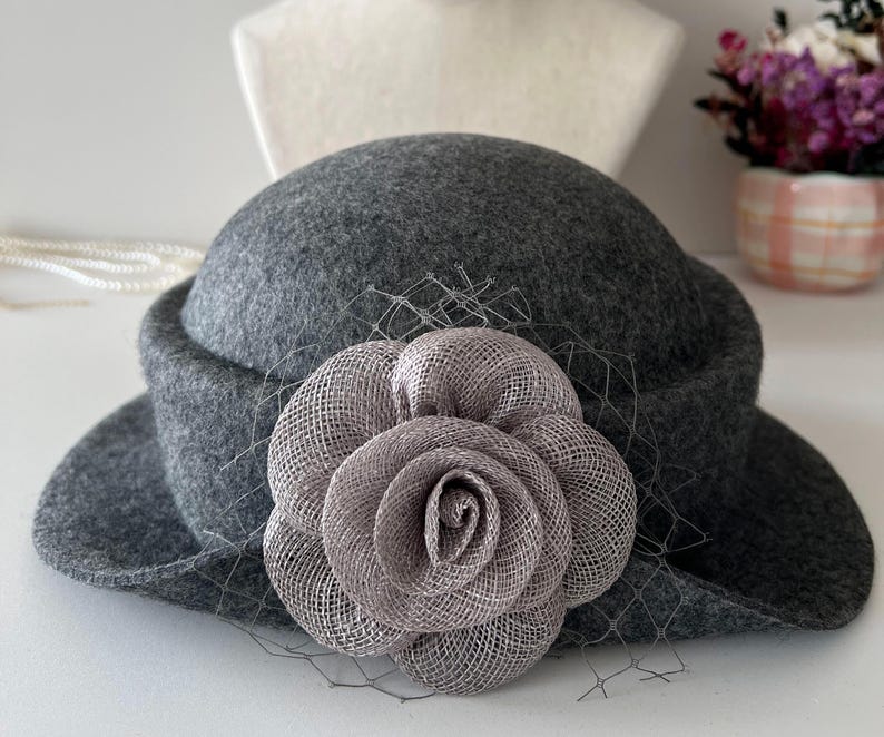 Wool Felt Hat for Women Elegant Vintage Fedora hat Spring Short-Brimmed Rose Hat Wedding Hat Church Formal Hat Pillbox Hat For Women image 13