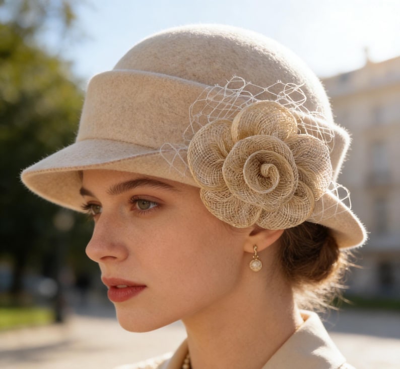 Wool Felt Hat for Women Elegant Vintage Fedora hat Spring Short-Brimmed Rose Hat Wedding Hat Church Formal Hat Vintage Cloche Hat image 2