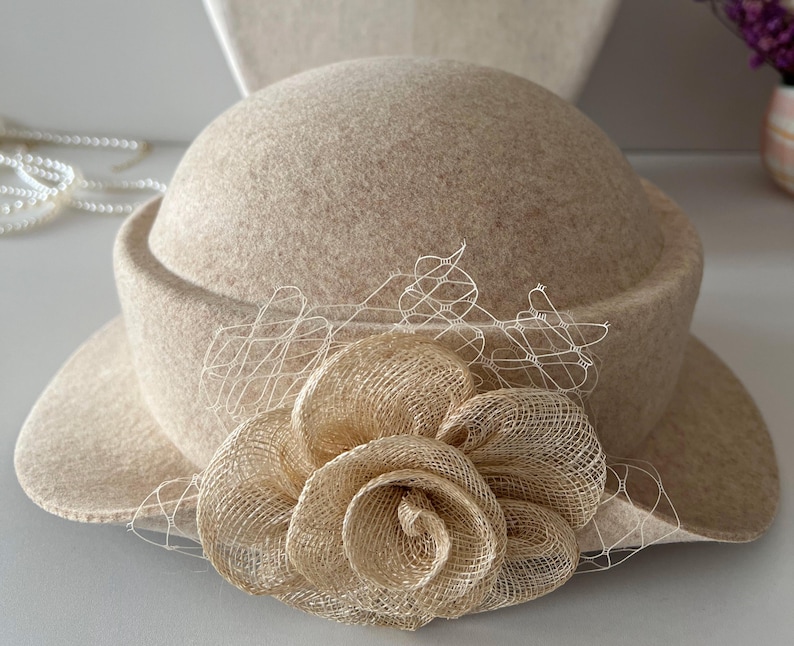 Wool Felt Hat for Women Elegant Vintage Fedora hat Spring Short-Brimmed Rose Hat Wedding Hat Church Formal Hat Vintage Cloche Hat image 9