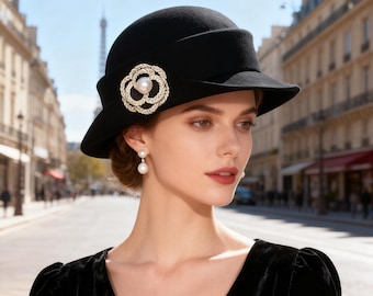 Audrey Hepburn Elegant Camellia Wool Cloche Hat Wedding Guest Hat For Women Bridal Shower Hat Spring Church Hat Spring Wool Hat Fedora Hat