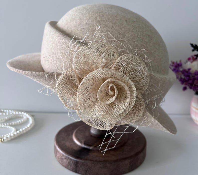 Wool Felt Hat for Women Elegant Vintage Fedora hat Spring Short-Brimmed Rose Hat Wedding Hat Church Formal Hat Vintage Cloche Hat Beige