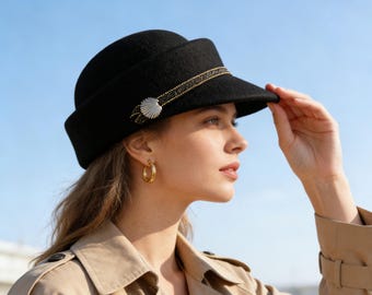 Wool Equestrian Hat for Women Lined Peaked Hat Beret with Brim Ladies Dress Hat