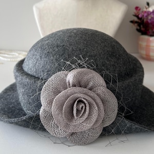 Wool Felt Hat for Women Elegant Vintage Fedora hat Spring Short-Brimmed Rose Hat Wedding Hat Church Formal Hat Vintage Cloche Hat image 5