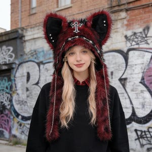 Womens Wolf Faux Fur Hat White Black Shaggy Y2K Festival Winter Unisex Gothic Winter Faux Fur Cat & Wolf Ear Hood – Fantasy Cosplay  main image 3
