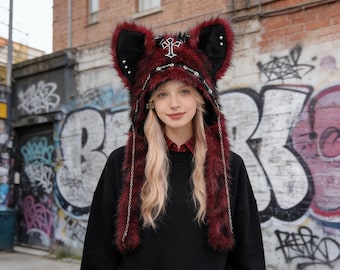 Y2K Cat Ear Faux Fur Hat Gothic Punk Winter Plush Hat with Chains & Cross | Dark Aesthetic Warm Statement Hat