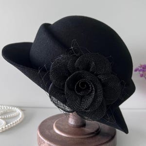 Wool Felt Hat for Women Elegant Vintage Fedora hat Spring Short-Brimmed Rose Hat Wedding Hat Church Formal Hat Vintage Cloche Hat Black