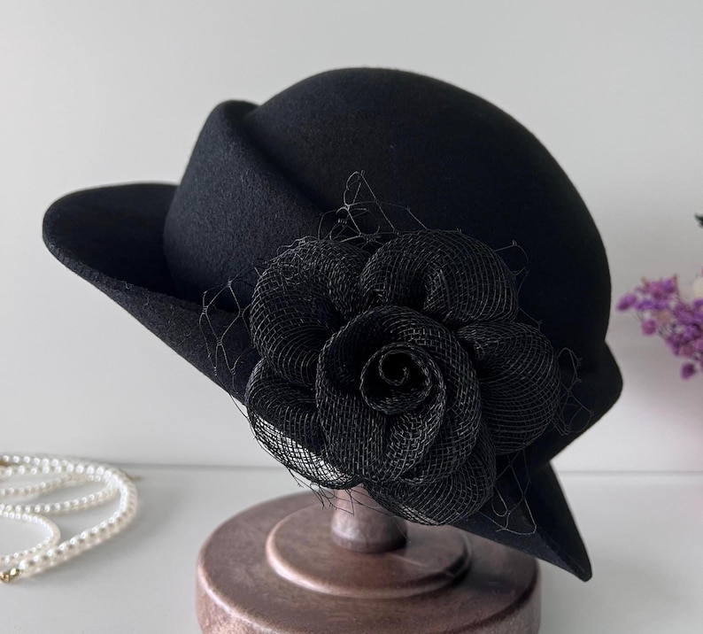Wool Felt Hat for Women Elegant Vintage Fedora hat Spring Short-Brimmed Rose Hat Wedding Hat Church Formal Hat Vintage Cloche Hat Black