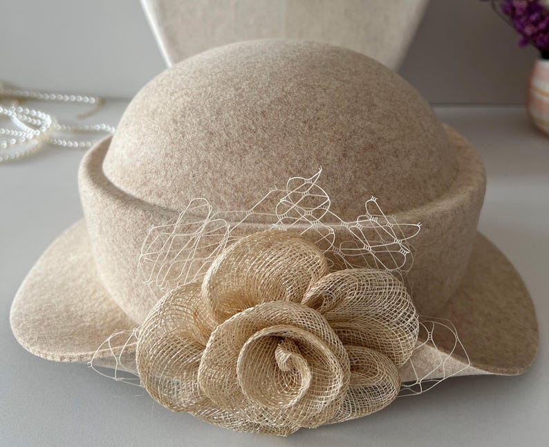 Wool Felt Hat for Women Elegant Vintage Fedora hat Spring Short-Brimmed Rose Hat Wedding Hat Church Formal Hat Pillbox Hat For Women image 9