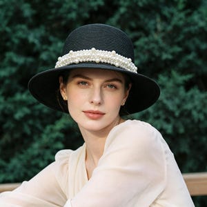 Elegant Pearl-Trim Wide Brim Sun Hat with Flower Accent - Cream & Black Straw Floral Hats for Women for sale | eBay main image 4