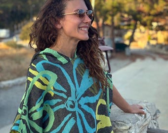 Poncho de surf de algodón turco hecho a mano: Bata de playa para cambiarse (versión corta)