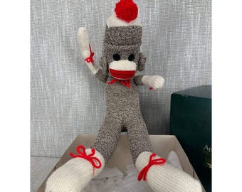 Vintage Handmade Sock Monkey Plush Brown Knit Red Pom Pom Hat 19 Inch 039-3