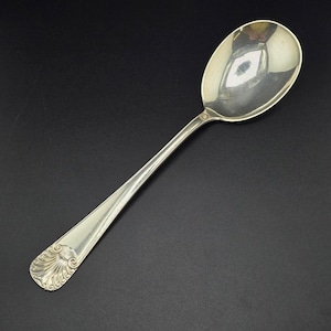 May include: A silver spoon with an oval bowl and a long, slender handle. The handle features a decorative design near the end, and the spoon is set against a dark background. The spoon is likely made of sterling silver.