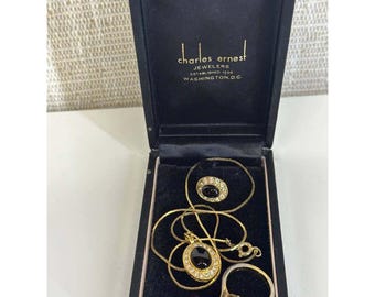 Vintage Gold Tone Black Cabochon Necklace Earring & Ring Set Box 056 (10)