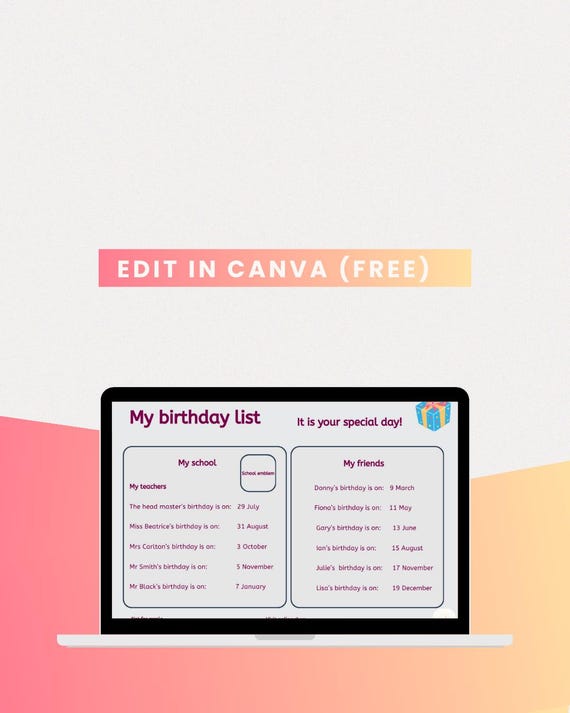 Kids birthday calendar