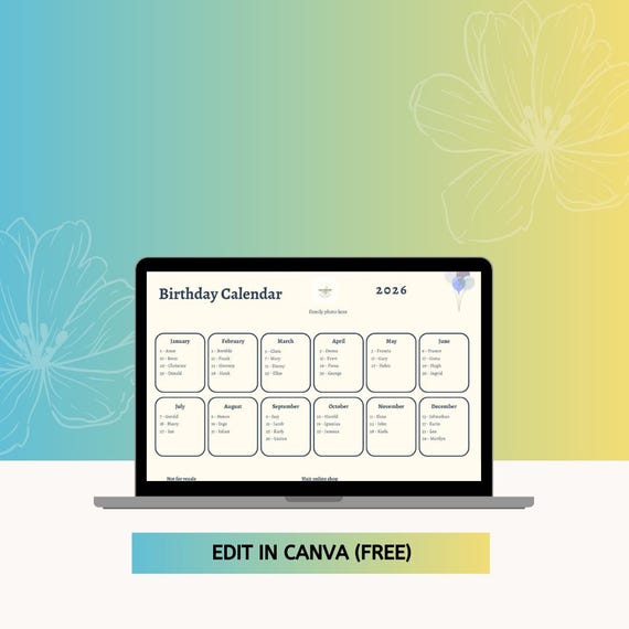Editable Birthday Calendar: A4 Landscape (Digital Download)