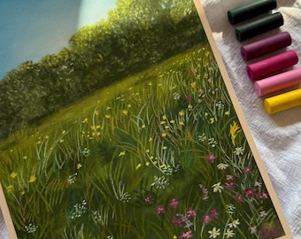 Cuadro original en pastel suave: Pradera en flor. Arte mural.