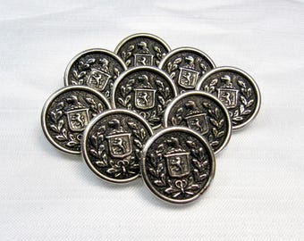 Lion, Shield, Eagle: 3/4" (19mm) Antiqued Silvertone Faux Metal Buttons • Set of 9 Vintage New Old Stock Matching Buttons