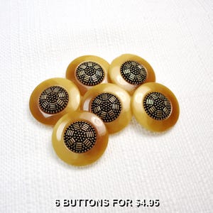 Puede incluir: Seis botones redondos con un borde exterior liso y translúcido de color ámbar y un centro metálico oscuro texturizado con un patrón geométrico. El texto 6 BUTTONS FOR $4.95 está impreso en la parte inferior de la imagen.