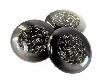 Smoke & Cloud: Large 1-1/16" (27mm) Dark and Light Smoke Gray Buttons with Inlaid Metallic Chain Centers • Set of 3 New / Unused Buttons