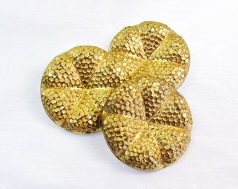 6 Sections Hammered: Large 1-1/2" (38mm) Goldtone Metal Buttons • Set of 3 Matching Vintage Buttons