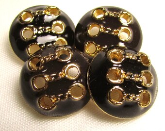 Ohé ! Boutons dorés de style nautique de 18 mm (11/16 po.) avec émail noir • Lot de 4 boutons assortis neufs/inutilisés