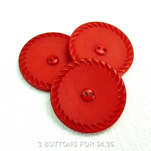 May include: Three round, bright red buttons, each featuring a central two-hole design and a decorative twisted rope-style border along the outer edge. The text 3 BUTTONS FOR $4.35 is printed at the bottom of the image.