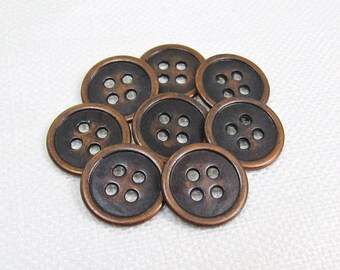 Washed Copper: 5/8" (15mm) Distressed Copper and Black Colored Metal Buttons • Set of 8 Vintage New Old Stock Buttons