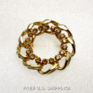 Amber & Gold: Brilliant Gold Brooch with Gold Rhinestones • Vintage ~ Free Shipping!