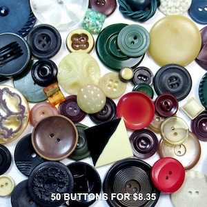 May include: A collection of assorted buttons in various colors, shapes, and sizes. The buttons include black, brown, green, red, and cream-colored options. Some buttons have multiple holes, while others have unique designs. The text "50 BUTTONS FOR $8.35" is visible.
