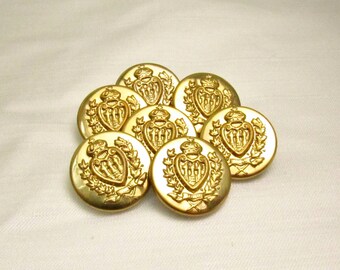 Crown & Shield: 3/4" (19mm) Raised Relief Goldtone Metal Buttons • Set of 7 Vintage New Old Stock Matching Buttons