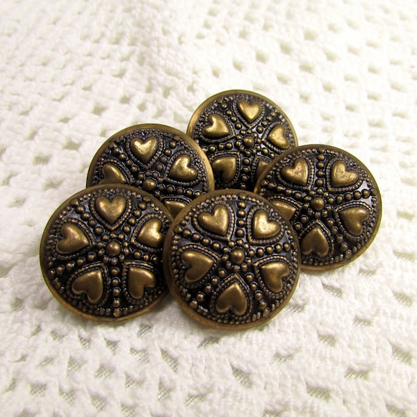 A Circle of Hearts: 3/4" (19mm) Antiqued Brass Buttons - Vintage Set of 5 Matching Vintage New Old Stock Buttons