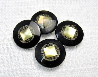 Iridescent Elegance: 11/16" (18mm) Black with Gold & Iridescent Highlights • Set of 4 New / Unused Vintage Buttons