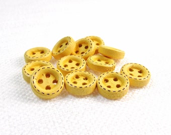 Yellow Stitches: 3/8" (9mm) Wooden Buttons with Impressed Stitch Lines • Set of 12 New / Unused Matching Buttons