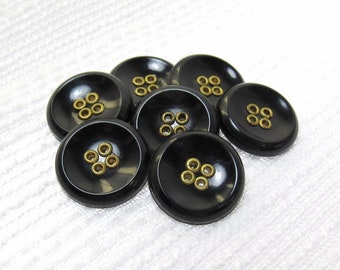 Glossy Black: 3/4" (19mm) Black with Goldtone Metal Reinforced Holes • Set of 7 Vintage New Old Stock Matching Buttons